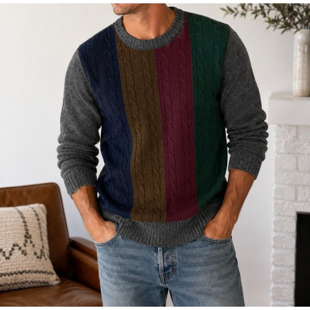 J.Crew Rugged Merino Wool Sweater Mens M B1914 Colorblock Cable Knit Pullover